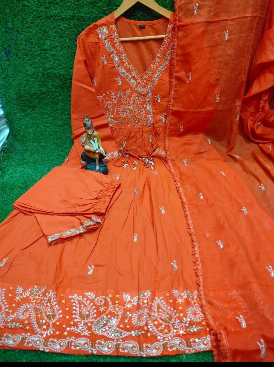 Cotton Angrakha Kurti Pant Set with Embroidered Dupatta